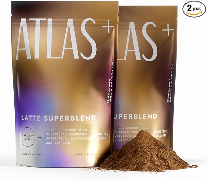 Atlas+ Latte Superblend– Instant Mushroom Coffee with Lion’s Mane, Reishi, Cordyceps, Ashwagandha, Probiotics, Vitamin D3 & B12, Coconut– for Energy, Focus, Immunity & Gut Health– 40 Servings (2 bags)