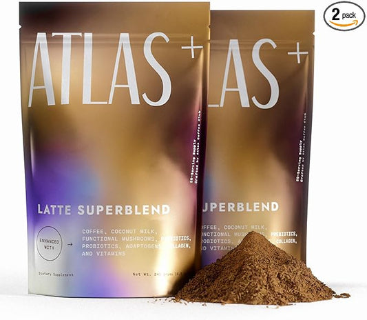 Atlas+ Latte Superblend– Instant Mushroom Coffee with Lion’s Mane, Reishi, Cordyceps, Ashwagandha, Probiotics, Vitamin D3 & B12, Coconut– for Energy, Focus, Immunity & Gut Health– 40 Servings (2 bags)
