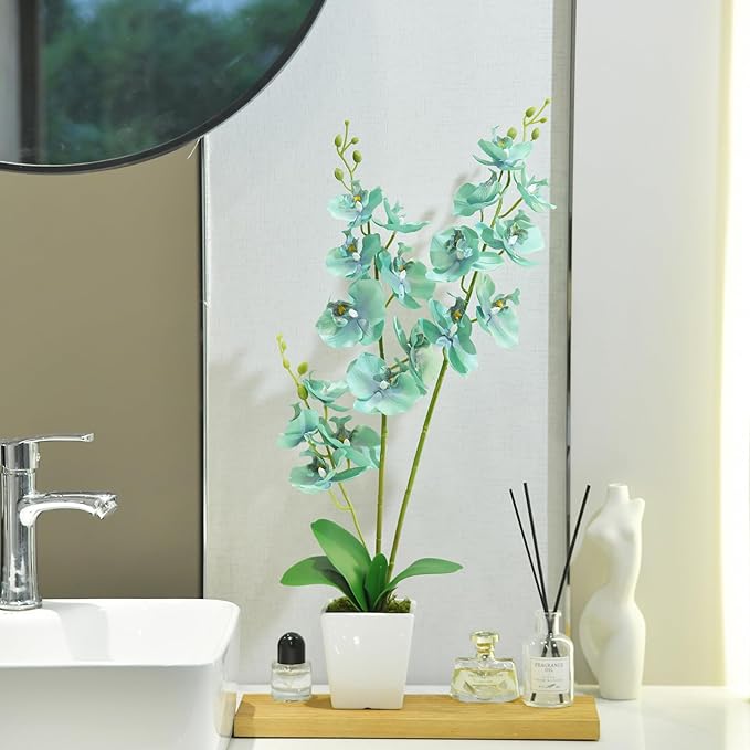 Faux Orchid in Vase Large Artificial Orchid in Ceramic Vase Teal Silk Orchids with Stems Real Look Potted Fake Flowers Arrangement Centerpiece Table Decorations for Home Decor Indoor, Golden Blue