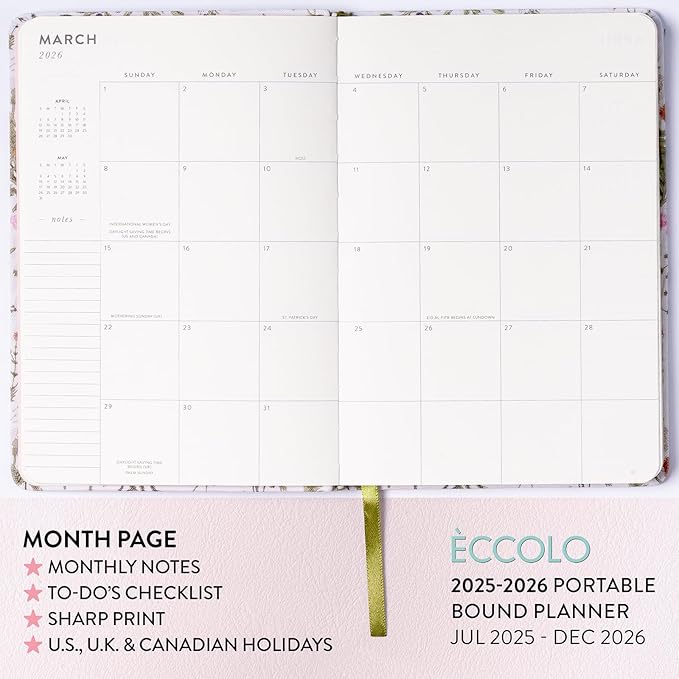 2025-2026 Eccolo 18 Month Linen Botanical Bound Planner, Monthly & Weekly Pages (5.25 x 7.75" - July 2025 - Dec 2026)