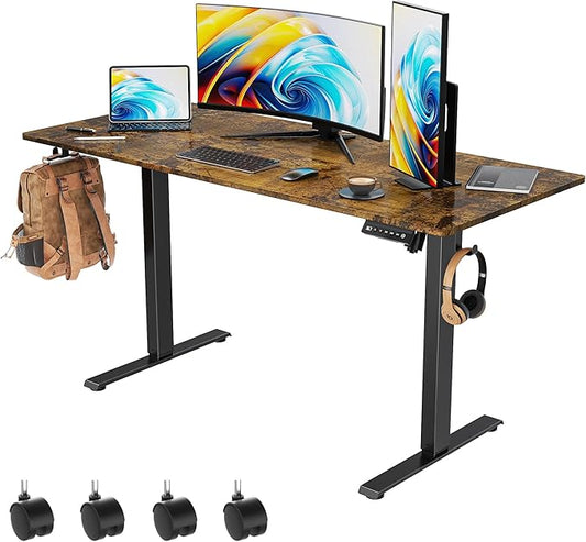 55 x 24 inch Electric Standing Desk Adjustable Height with 4 Wheels, 4 Memory Height Settings, 2 Headphone Hook, for Home Office, Splice Board Brown