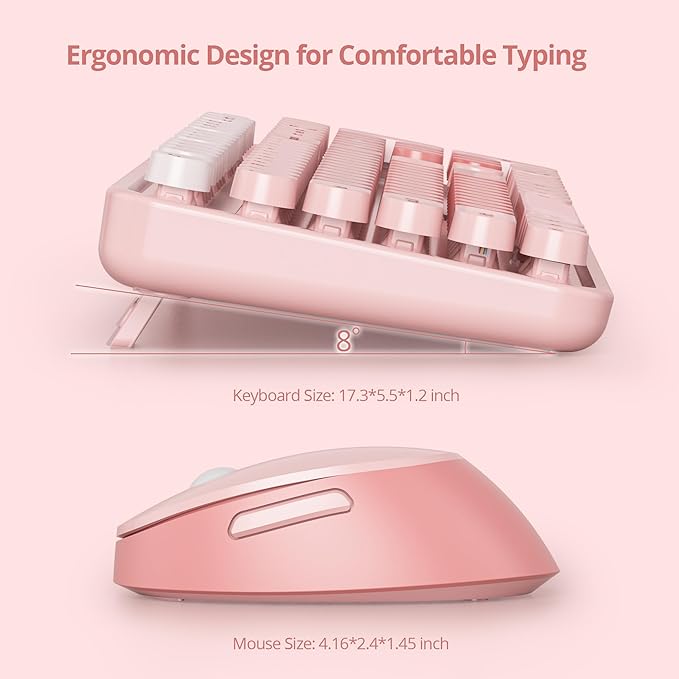 GTSP Colorful Pink Wireless Keyboard and Mouse Combo, Wireless Typewriter Full-Size Retro Cute Aesthetic Keyboard 2.4GHz with Round Keycaps for Desktop Laptop and PC (Cute Pink)