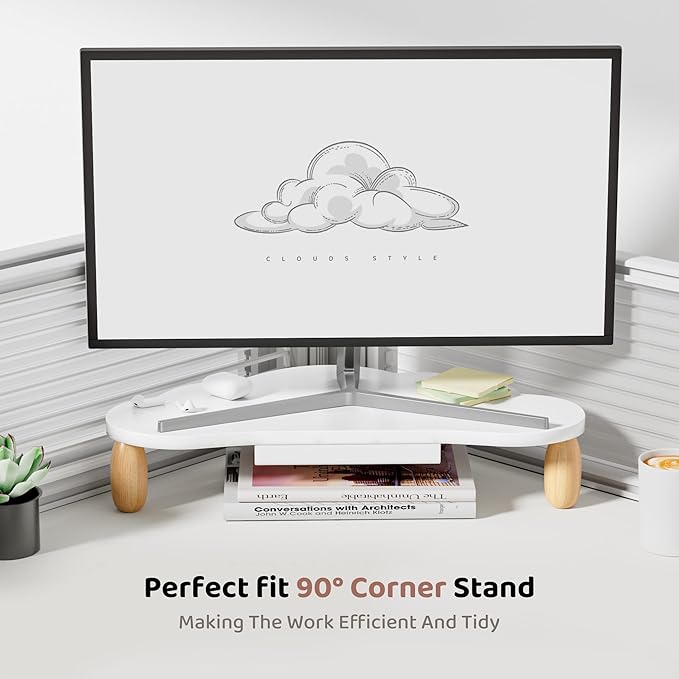 Cloud-Shaped Sturdy Wood Computer Monitor Stand Riser With Drawer, Multi-Purpose Desktop Organizer