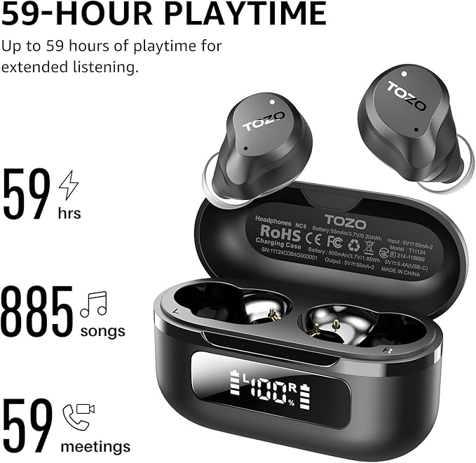 TOZO NC9 Hybrid Active Noise Cancelling Wireless Earbuds, 6 Mics ENC Clear Call, IPX8 Waterproof, in Ear Bluetooth 5.3 Headphones Stereo Bass Ear Buds 59H Playtime with LED Display 32 EQs via APP