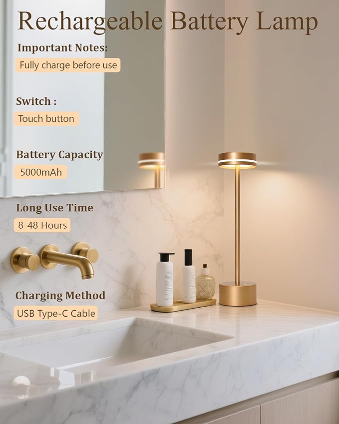 2 Pack Cordless Table Lamp Rechargeable, 3 Way Dimmable Touch Lamp & 5000mAh Battery Operated, Portable Metal Light for Reading/Office/Bedroom/Dining/Nightstand/Gift for Home Décor – Rose Gold
