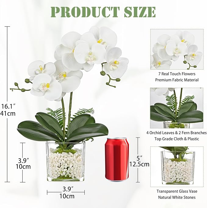 White Orchids Artificial Flowers 16.1" Faux Orchids Plant in Pot Fake Flower Arrangements with Glass Vases Small White Centerpieces for Kitchen Dining Room Tables Bathroom Nightstand Shelf Desk Decor