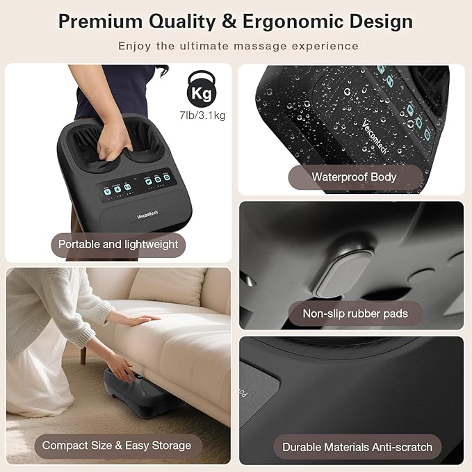 Shiatsu Foot Massager with Heat, Electric Foot Massager Machine for Plantar Fasciitis Neuropathy with Remote Control, Adjustable Vibration and Compression (Black)