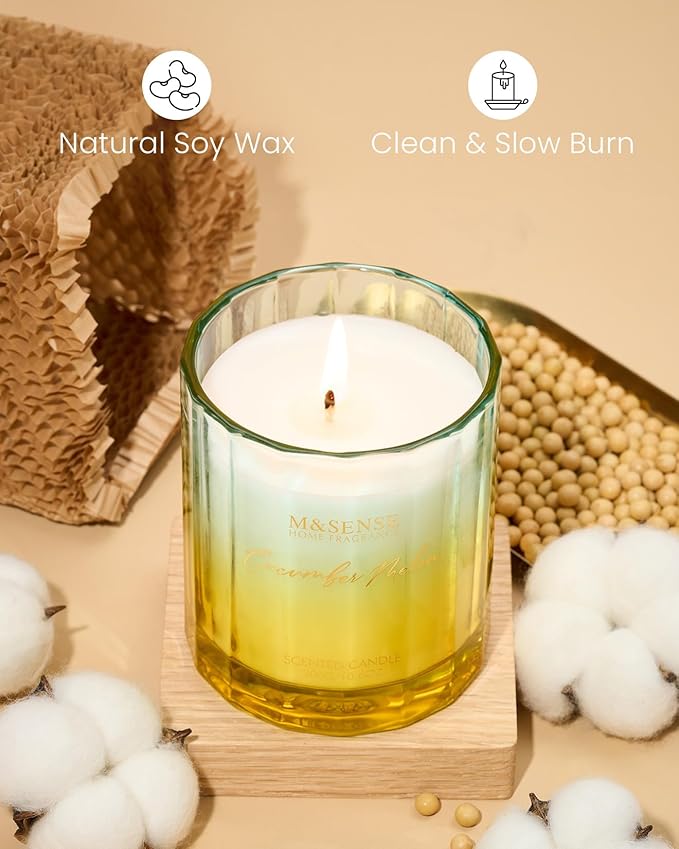 M&SENSE Cucumber Melon Scented Candle - 10.6oz Natural Soy Wax 60-Hour Long Lasting Burn Non Toxic Highly Scented Freshing Candle for Summer, Holiday Gifts & Aromatherapy