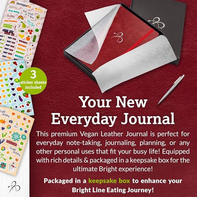 Bright Line Eating Line Journal Notebook, Vegan Leather Journal w/Lay-Flat Binding, Berry Notebook Journal for Women & Men, Writing Journal, Food Journal, Travel Journal, Fitness Journal w/Stickers