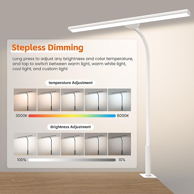 LED Desk Lamp with Clamp, Eye-Caring Adjustable Brightness, 3 Lighting Modes, Touch & Remote Control Clip Light for Home Office, Study, Computer Work, Reading, Puzzle, Task (White)