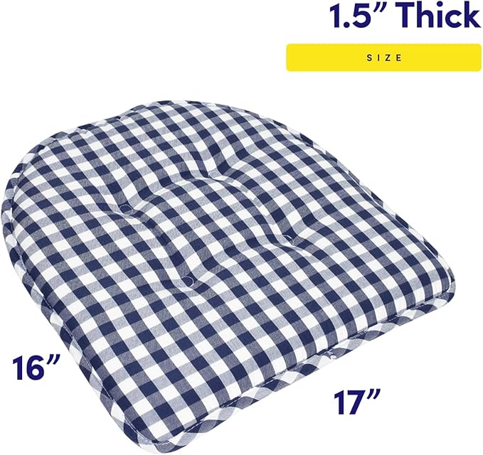 Sweet Home Collection Chair Cushion Memory Foam Pads Tufted Slip Non Skid Rubber Back U-Shaped 17" x 16" Seat Cover, 6 Pack, Checkered Navy/White