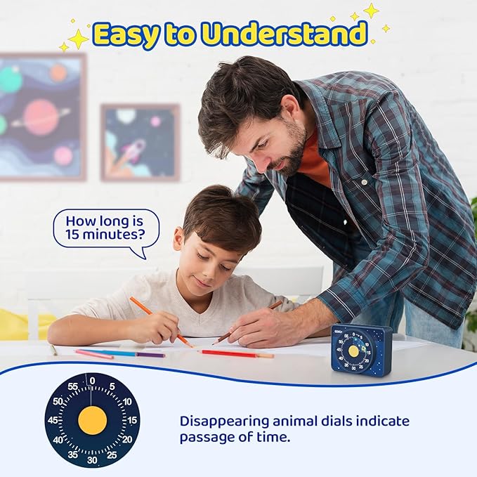 VOCOO Kids Visual Timer for Classroom - 60-Minute Countdown for Kitchen Cooking Office, Strong Magnet, Silent Time Management Tool, 2 AAA Batteries Included, Cute Starry Sky Pattern (Blue)