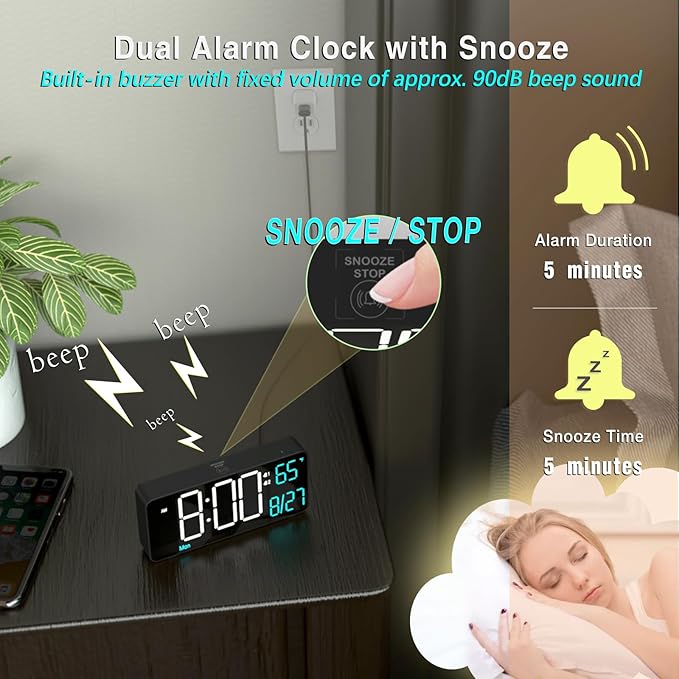 KOSUMOSU Alarm Clocks for Living Room, 6.7in Small Digital Clock for Bedroom, Auto Dimming,Date,Day of Week,Seconds or Indoor Temperature,Digital Alarm Clocks for Bedrooms,LED Desk Clock