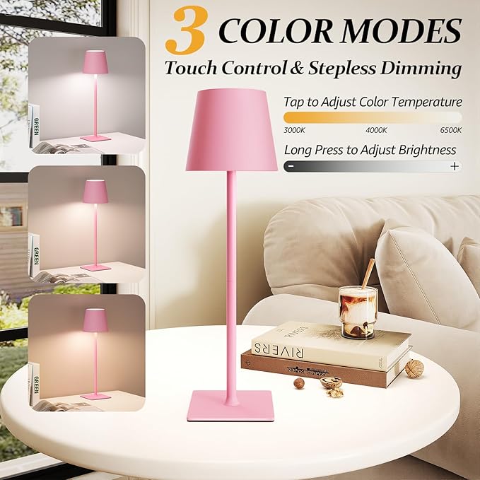 2 Pack Cordless Table Lamps, 3 Colors Stepless Dimming, 5000mAh Rechargeable Battery LED Desk Lamp for Bedroom/Couple Dinner/Desk/Cafe/Dining Room/Terrace