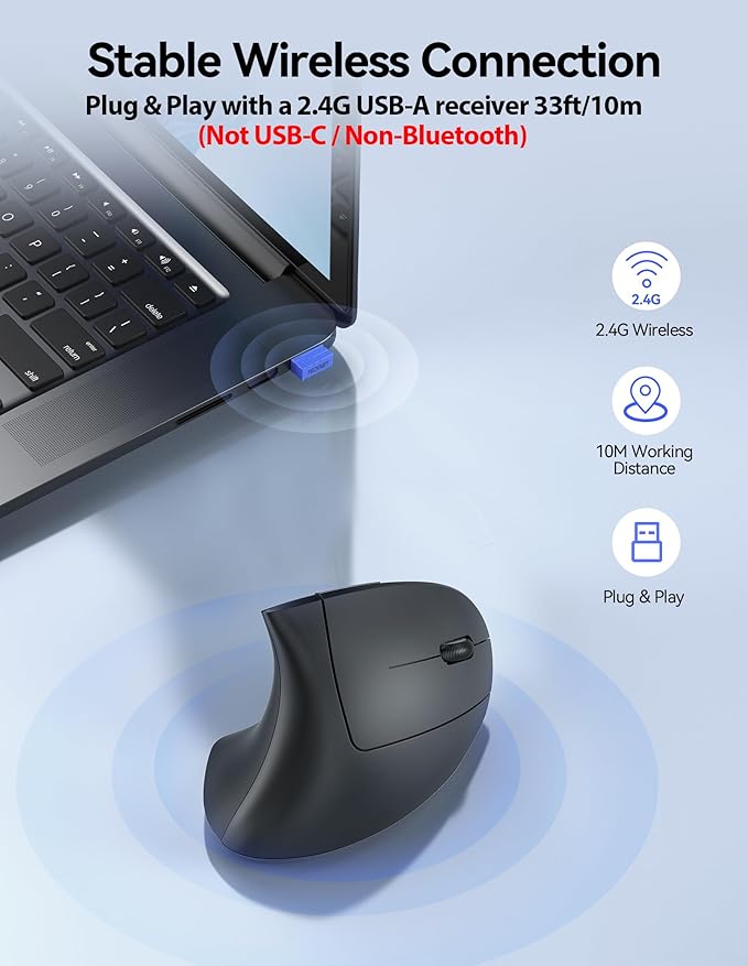 TECKNET Ergonomic Mouse Wireless, Echargeable Mouse Wireless Silent for Carpal Tunnel Right Hand, 2.4GHz USB-A Vertical Mouse for Laptop,5 Adjustable 4800 DPI, Computer,MacBook, Desktop(Not-USB-C)