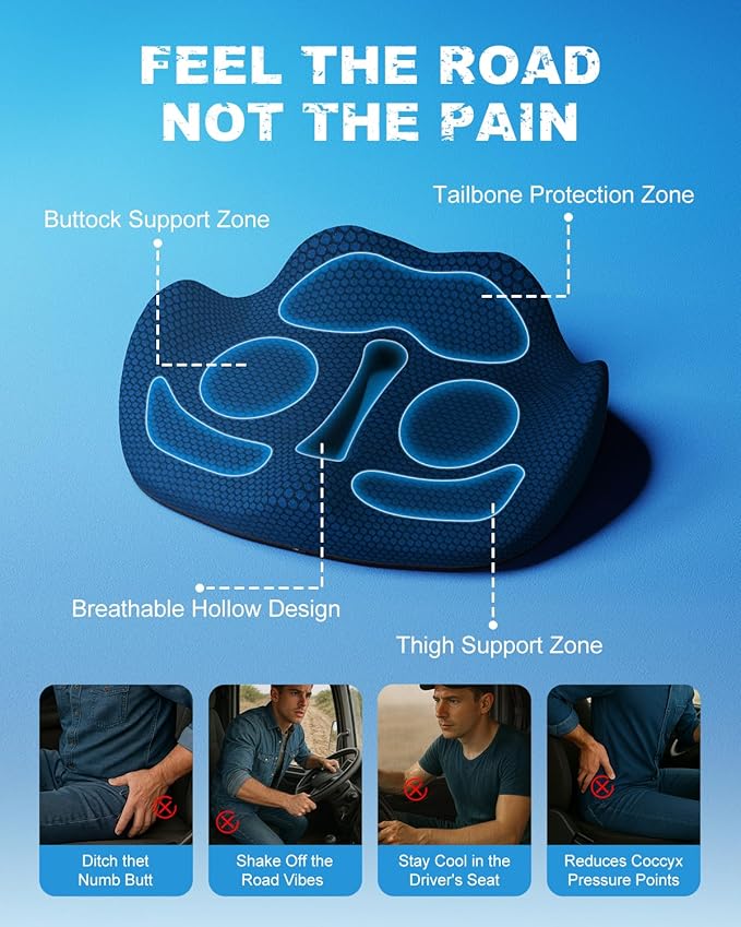 Memory Foam Truck Seat Cushion with TPE Gel Support, Truck Seat Cushion with Non-Slip Washable Cover for Back Support & Pain Relief During Long Drives(Blue)