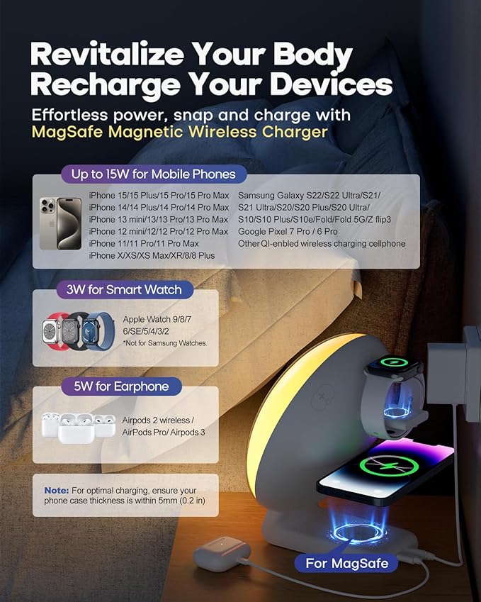 Dekala Sunrise Alarm Clock with Wireless Charger, White Noise Sound Machine, Night Light w/ 11 Light & 15 Sounds, Alarm Clocks for Bedrooms, Compatible with Apple Watch/Airpods/iPhone