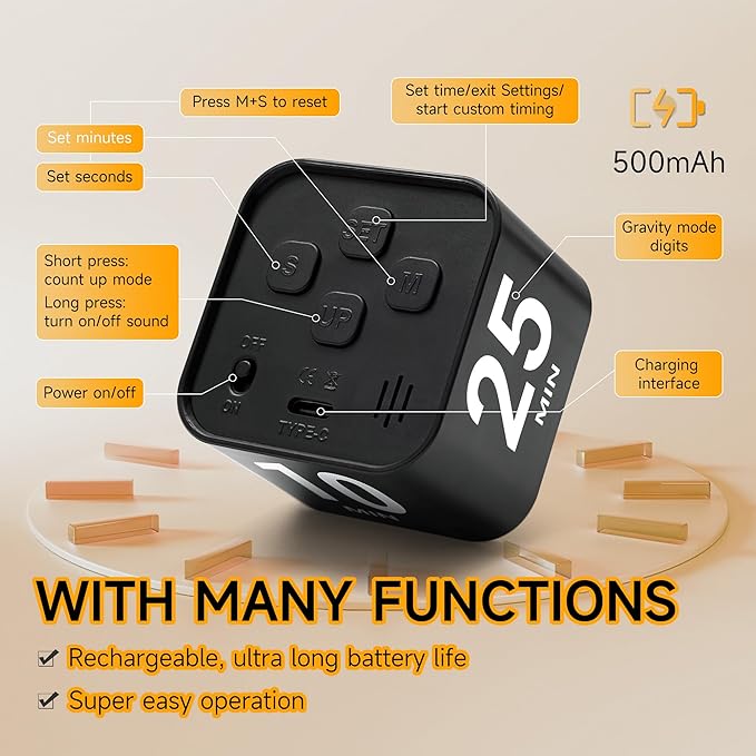 Visual Productivity Timer 5, 10, 25, 50 Minutes Preset, Desk Cube with Gravity Sensor for ADHD, Mute Functions, Ideal for Work, Study, Kitchen, Back to School(1, Black)