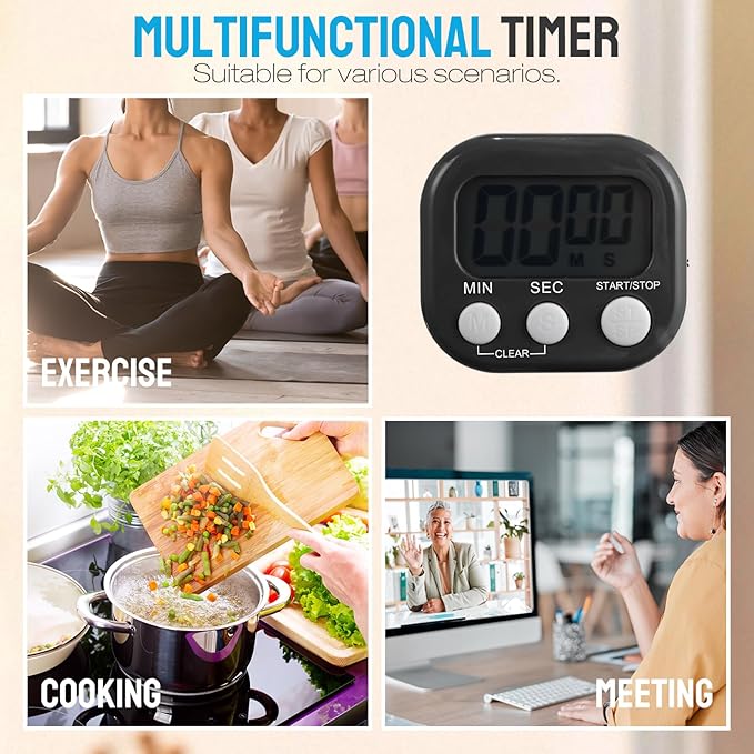 Leumoi 24 Pcs Digital Kitchen Timers Bulk Small Magnetic Timer On/Off Switch Minute Second Count up Countdown Loud Alarm for Classroom Cooking Baking(Black)