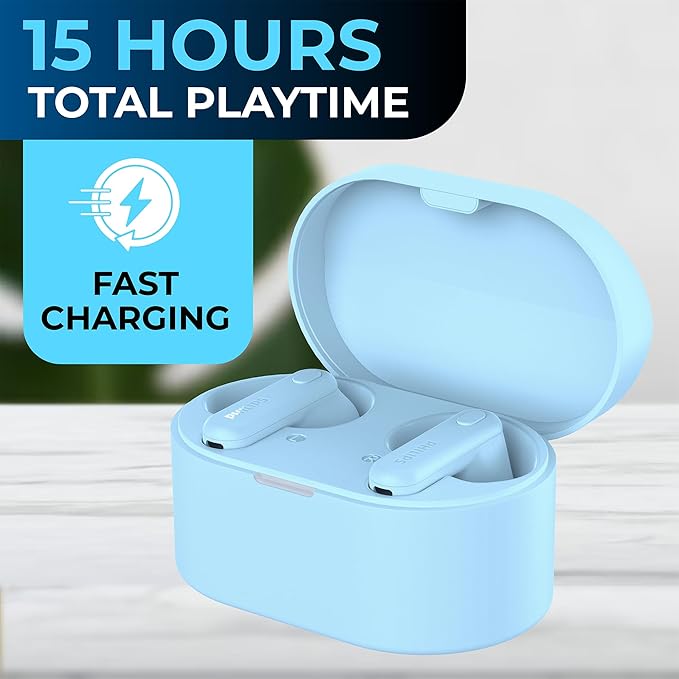 PHILIPS True Wireless Earbuds, TWS Bluetooth 5.3 Headphones, 13mm Drivers, AI Mic for Clear Calls, IPX4 Waterproof, 15 Hours Playtime, Compatible w/iPhone Android & Bluetooth Devices, TAT1138 Blue