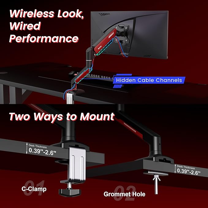 Gaming Monitor Mount for Computer Screen 13-32" and up to 22 lbs,360° Rotation,+90° to -45° Tilt,180° Swivel,with C Clamp and Grommet Base,Integrated Cable Management,75x75/100x100 VESA,RED