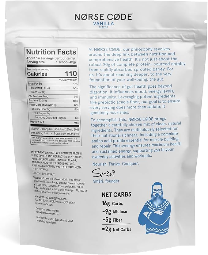 NØRSE CØDEVanilla Plant-Based Protein Powder – 20g Protein, Vegan, Keto, Dairy-Free, Zero Sugar, Fiber, Upcycled Barley, Rice & Pea Protein – 1.33 lbs [14 Servings]