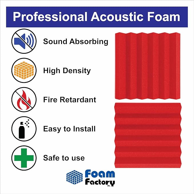 Foam Factory Inc 24 Pack Color Acoustic Foam Panel Studio Soundproofing Wedge Wall Tiles 12” X 12” X 2” (Red)
