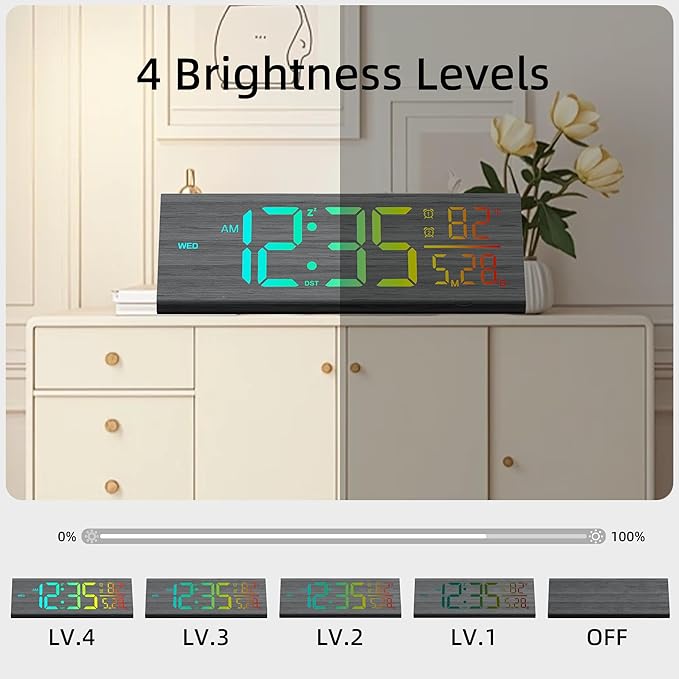 Solid Wood Digital Alarm Clock for Bedroom - 8.8 Inch Large Display for Living Room, See Time Instantly! Multicolor Backlight Time Display, Dual Alarms, Date/Temp/Day, DST, Snooze (Black)