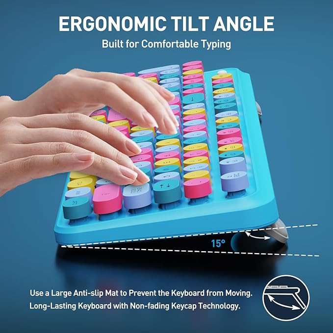 FOPETT Wireless Keyboard and Mouse Combo, 105 Keys Full-Sized 2.4 GHz Round Keycap Colorful Keyboards, USB Receiver Plug and Play, for Windows, Mac, PC, Laptop, Desktop (Blue Colorful)