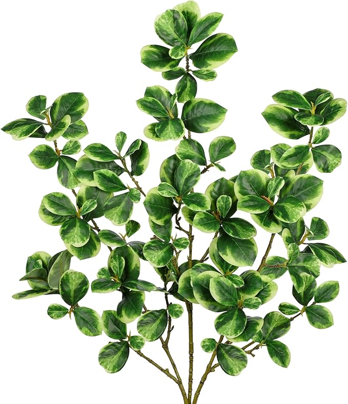 Hollyone 3 Packs Artificial Greenery Stems 36.2 Inch Faux Stems White Edged Leaves with Long Stems Fake Branches Greenery Stem for Vase Garden Home Office Wedding Decoration