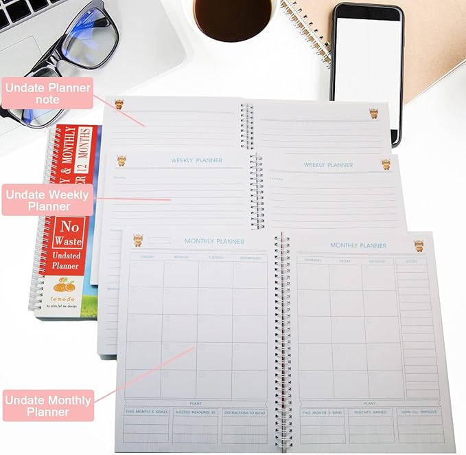 8.5"×11" Undated Weekly Planner, 158 Pages Non Date Monthly Planner Weekly To Do List Notepad with Goals & Note, A4 Large Blank Monthly Planners for Women Men Homeschool Office Supplies