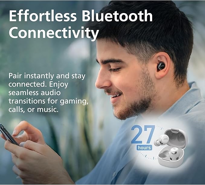 JVC True Wireless Compact Earbuds – Active Noise Cancelling - Bluetooth 5.3 Ear Buds Headphones for iPhone, Android - 27 Hr. Playback, Low Latency Mode - IPX4 Sweat/Rain Proof, Quick Charge Case, Mic