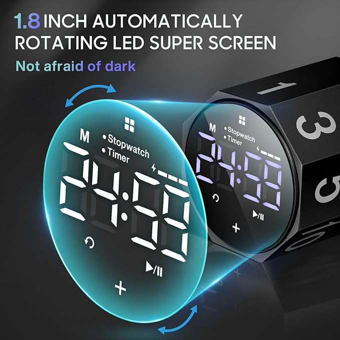 Digital Pomodoro Timer,Frosted Metal Productivity Cube Timer,1.8 In LED Digital Large Screen and Auto-rotating Display,1/3/5/10/25/30/60min & Custom Time, Silent & Alarm,for Office, Study, Work(Black)
