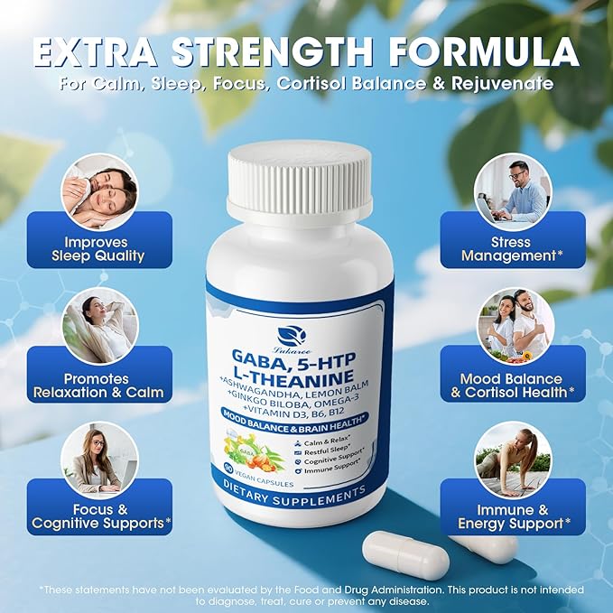 GABA Supplements 750mg with L Theanine, 5HTP, Ashwagandha, Lemon Balm, Ginkgo Biloba, Omega-3, 10 in 1 GABA Calm Capsules for Sleep, Relaxation, Focus, Mood Support, Cortisol Balance - 2 Pack