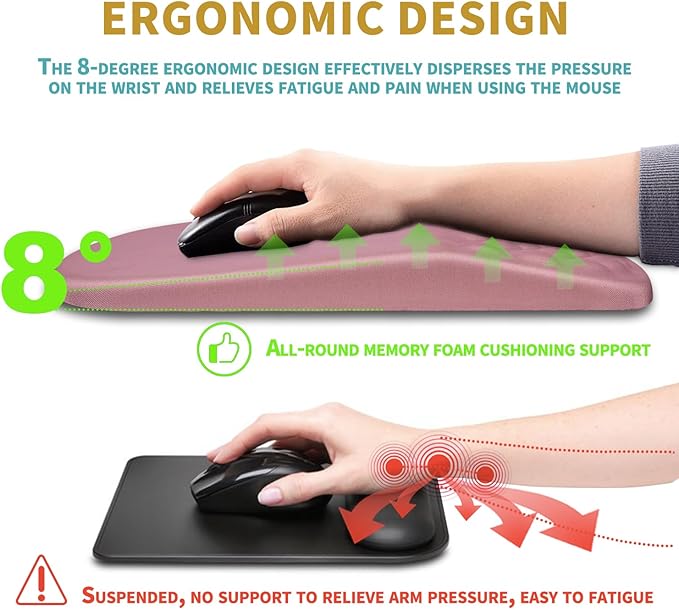 Hokafenle Ergonomic Mouse Pad Wrist Support with Massage Design, Wrist Rest Pain Relief Mousepad with Memory Foam&Non-Slip PU Base, Mouse Pads for Wireless Mouse & Desk (12x8 inch,Pink)