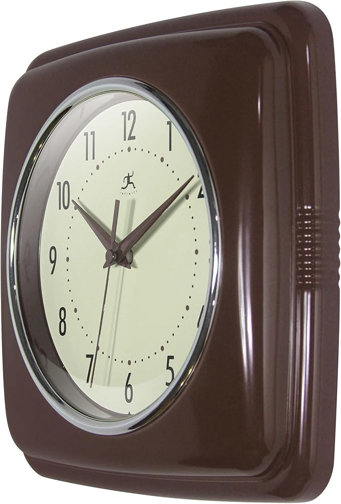 Infinity Instruments Square Retro Wall Clock, Mahogany, 9.25"