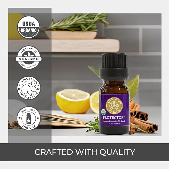 Silk Road Organic Protector Essential Oil Immunity Blend, Based on Thieves Oil Legend, 100% Pure USDA Certified Health Shield Aromatherapy - 10 ml Dropper - Always Pure, Always Organic