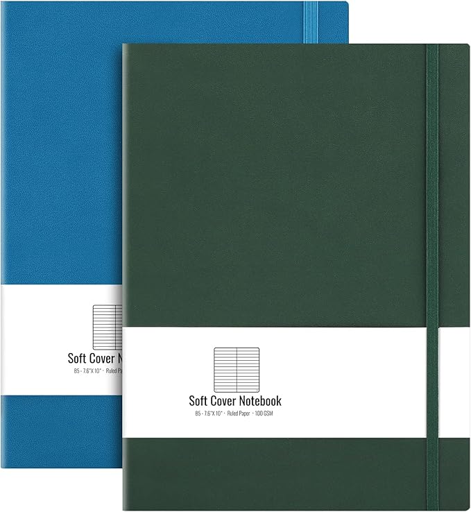 AHGXG College Ruled Notebook 2 Pack - B5 Large Composition Notebook Lined Journal 7.6 x 10 inch, with Thick 100gsm Lined Paper, Total 408 Numbered Pages, Inner Pocket - Green Blue