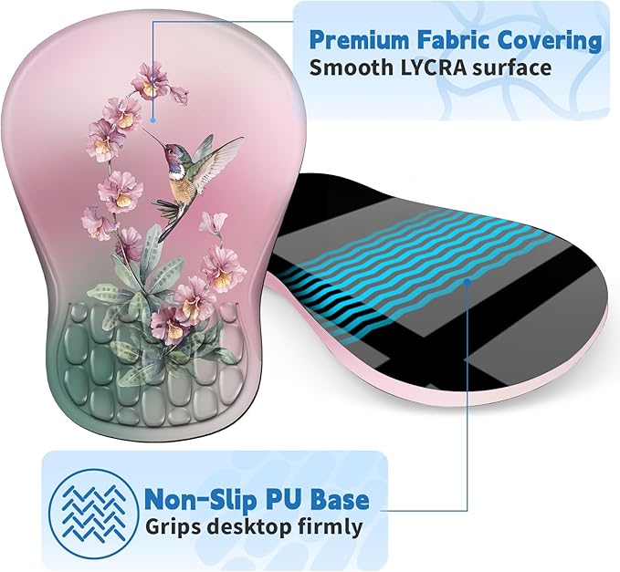 Ergonomic Mouse Pad with Wrist Rest Support, Mousepad with Comfortable Memory Foam Wrist Rest and Non-Slip PU Base for Pain Relief, Computer, Laptop, Office, Home (Hummingbird)