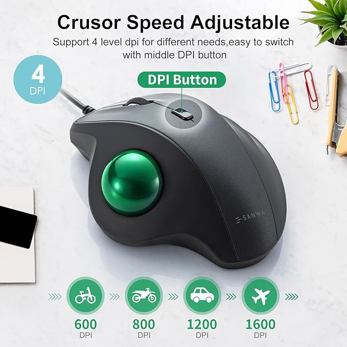 SANWA Wired Ergonomic Trackball Mouse, Optical Vertical Rollerball Mice, Silent Buttons, 34mm Trackball, 600/800/1200/1600 DPI, Compatible with MacBook, Laptop, Computer, Windows, macOS, Green