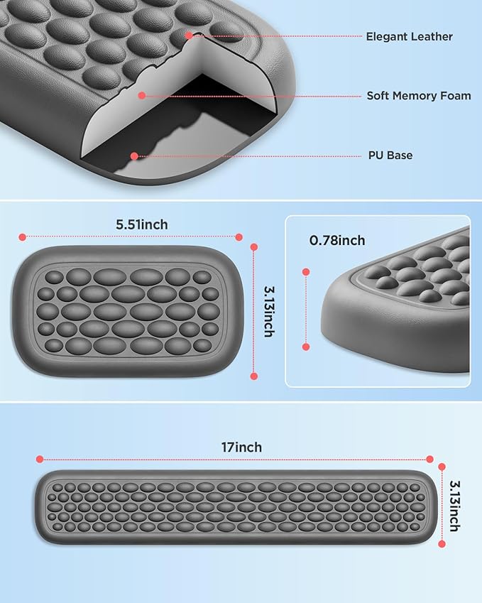 Lekvey Ergonomic Keyboard Wrist Rest - Memory Foam with Massage Points & Waterproof PU Leather Wrist Pad, Carpal Tunnel Support for Office Computer/Gaming, Typing Pain Relief, Easy-Clean（Gray）