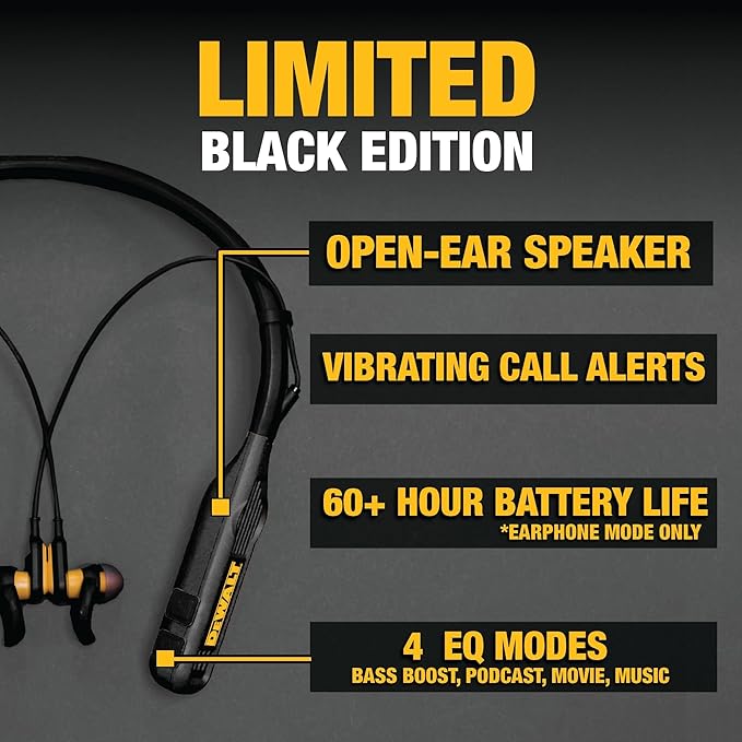 DEWALT Black Edition Pro Audio Bundle: Heavy-Duty 2-in-1 Bluetooth Neckband Headphones + Rugged EVA Travel Case