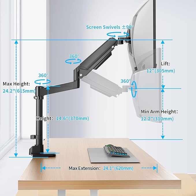 Monitor Arm for 17 to 60 inch, Hold 44 lbs, Fully Adjustable Heavy Duty Desk Mount, Monitor Stand Fit 57 55 49", Ultrawide Monitors Bracket Clamp/Grommet Base VESA 75x75/100x100, Black,H9B