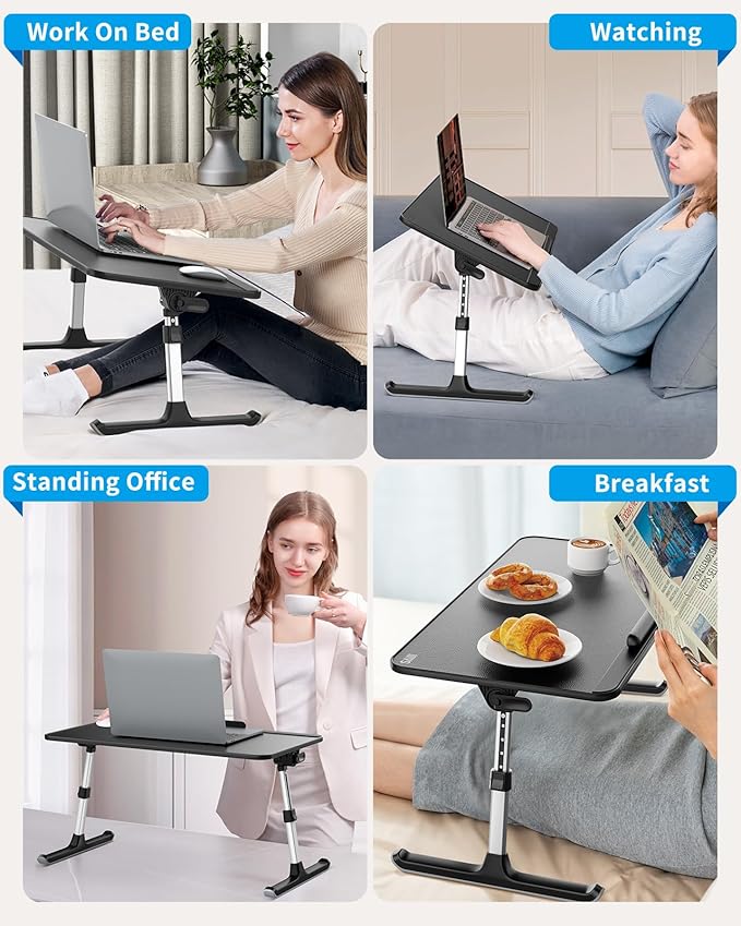 SAIJI Leather Laptop Bed Tray Table, Adjustable Laptop Stand with Removable Stopper, Portable Lap Desks with Foldable Legs, Notebook Stand Breakfast Reading Desk for Sofa Couch((Medium, Black)