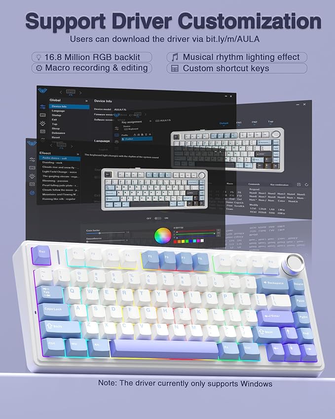 AULA F75 75% Wireless Mechanical Keyboard, Hot Swappable Creamy Keyboard, Pre-lubed Star Vector Switches RGB Backlit Gaming Keyboards, 2.4GHz/Type-C/BT5.0(White&Blue&Purple)
