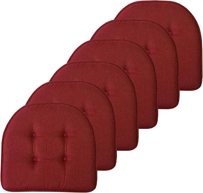 Sweet Home Collection Chair Cushion Memory Foam Pads Tufted Slip Non Skid Rubber Back U-Shaped 17" x 16" Seat Cover, 6 Pack, Wine Burgundy