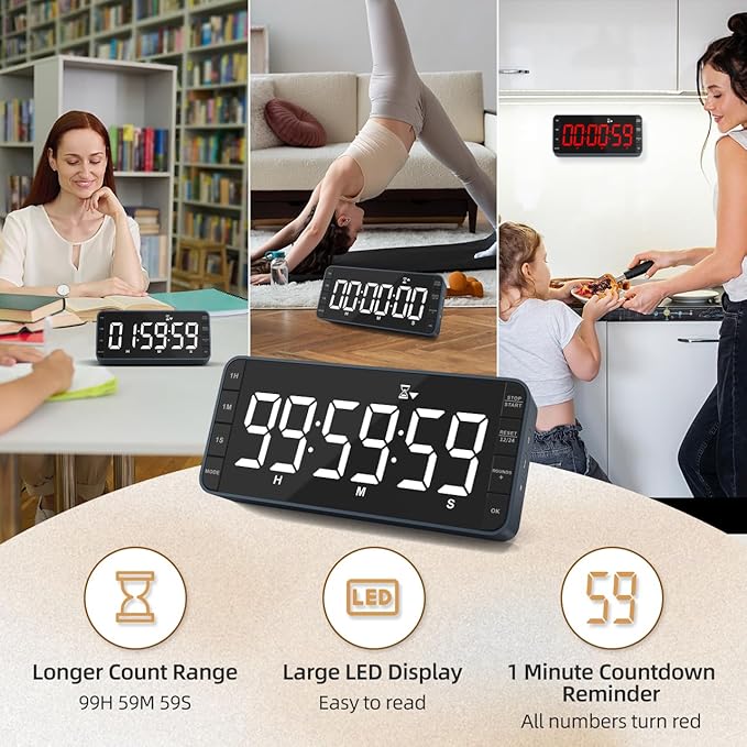 7.8'' Extra Large LED Kitchen Timer: 99H Countdown Countup with 3 Brightness, 5 Alarms & 4 Volume Levels, Magnetic Rechargeable Timer for Cooking, Classroom, Home Gym