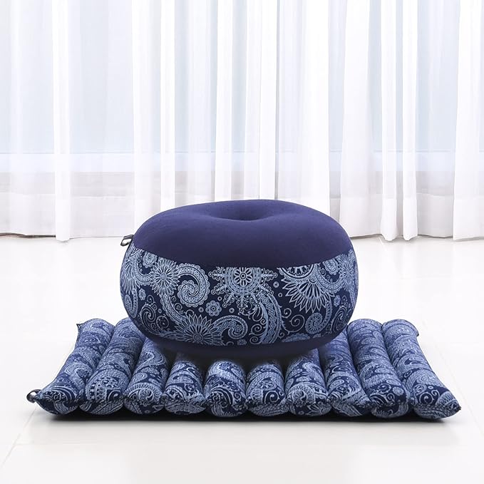 Leewadee Meditation Cushion Set – 1 Small Zafu Yoga Pillow and 1 Small Roll-Up Zabuton Mat Filled with Kapok