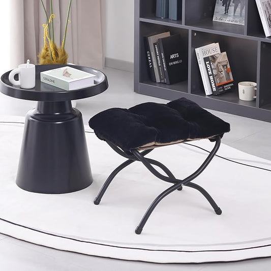 LITA Folding Upholstered Footrest Stool, Modern Small Portable Accent Ottoman with Detachable Thick Cotton Cushion Padded Sofa Stool with Metal Frame for Lazy Chair, Living Room & Bedroom, Plush Black
