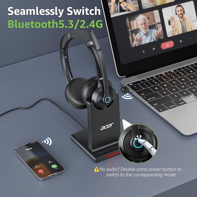 acer Wireless Headset with Mic for Work - 2.4G Bluetooth 5.3 Dual Mode Headphones,36Hrs Battery,ENC Crystal-Clear Calls Mic,USB Dongle for PC,Bluetooth Headset for Phone/Tablet, Home/Call Center